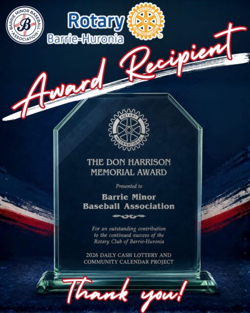 We’ve been named the recipient of the Don Harrison Award by the Rotary Club’s Daily Cash Lottery and Community Calendar Committee — recognizing our partnership and contribution to this incredible community fundraiser.

Since becoming a Community Partner in 2023, Barrie Minor Baseball teams have sold 5,182 tickets, raising $103,640 in gross proceeds — money that supports both our teams’ seasons and a fantastic community cause.

A huge thank you to every player, parent, and volunteer who knocked on doors, made the calls, and got these calendars out into the community. This award belongs to all of you.

Here’s to year four — and many more