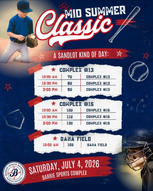 ⚾️ Mid Summer Classic ⚾️

📆 Saturday, July 4, 2026
📍 Barrie Sports Complex

The time is almost here for our annual Mid Summer Classic!

In true sandlot fashion, teams will be created through a random glove toss on event day, no pre-selected rosters. Players from the same House League team may find themselves competing against one another, making for a fun and unique experience.

The Mid-Summer Classic is all about bringing players together, making new friends, creating memories, and enjoying a full day of baseball with just the right amount of friendly competition mixed in.

For more information, please reach out to your Head Coach directly!