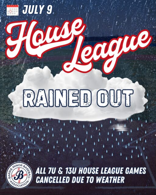 🌧️ RAINED OUT 🌧️ 

All 7U & 13U House League games cancelled due to inclement weather and poor field conditions! 

Stay dry friends!