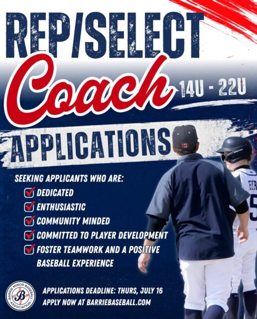 ⚾ REP/SELECT COACH APPLICATIONS ARE OPEN ⚾

We’re looking for passionate coaches to help lead our 14U–22U Rep/Select teams for the 2027 season.

We’re seeking applicants who are:
☑️ Dedicated
☑️ Enthusiastic
☑️ Community-minded
☑️ Committed to player development
☑️ Focused on building teamwork and creating a positive baseball experience

If you’re ready to make a lasting impact on young athletes both on and off the field, we’d love to hear from you.

Applications close Thursday, July 16.

Apply today at barriebaseball.com