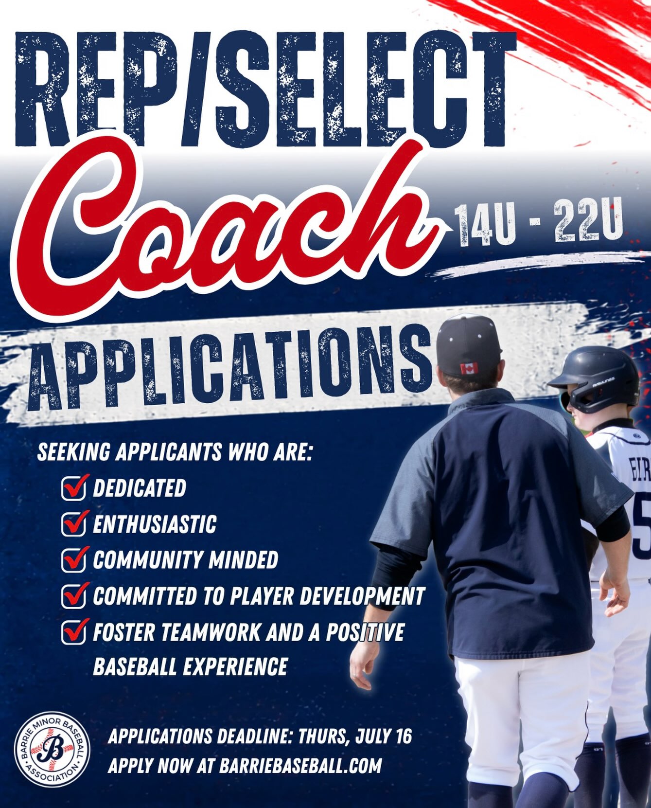 ⚾ REP/SELECT COACH APPLICATIONS ARE OPEN ⚾

We’re looking for passionate coaches to help lead our 14U–22U Rep/Select teams for the 2027 season.

We’re seeking applicants who are:
☑️ Dedicated
☑️ Enthusiastic
☑️ Community-minded
☑️ Committed to player development
☑️ Focused on building teamwork and creating a positive baseball experience

If you’re ready to make a lasting impact on young athletes both on and off the field, we’d love to hear from you.

Applications close Thursday, July 16.

Apply today at barriebaseball.com