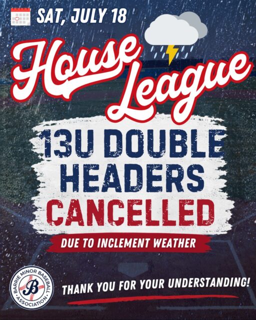 🔹 13U Double Headers Cancelled 🔹

Unfortunately the weather won and all 13U Double Headers have been cancelled due to weather and poor field conditions.

Thank you and stay safe!