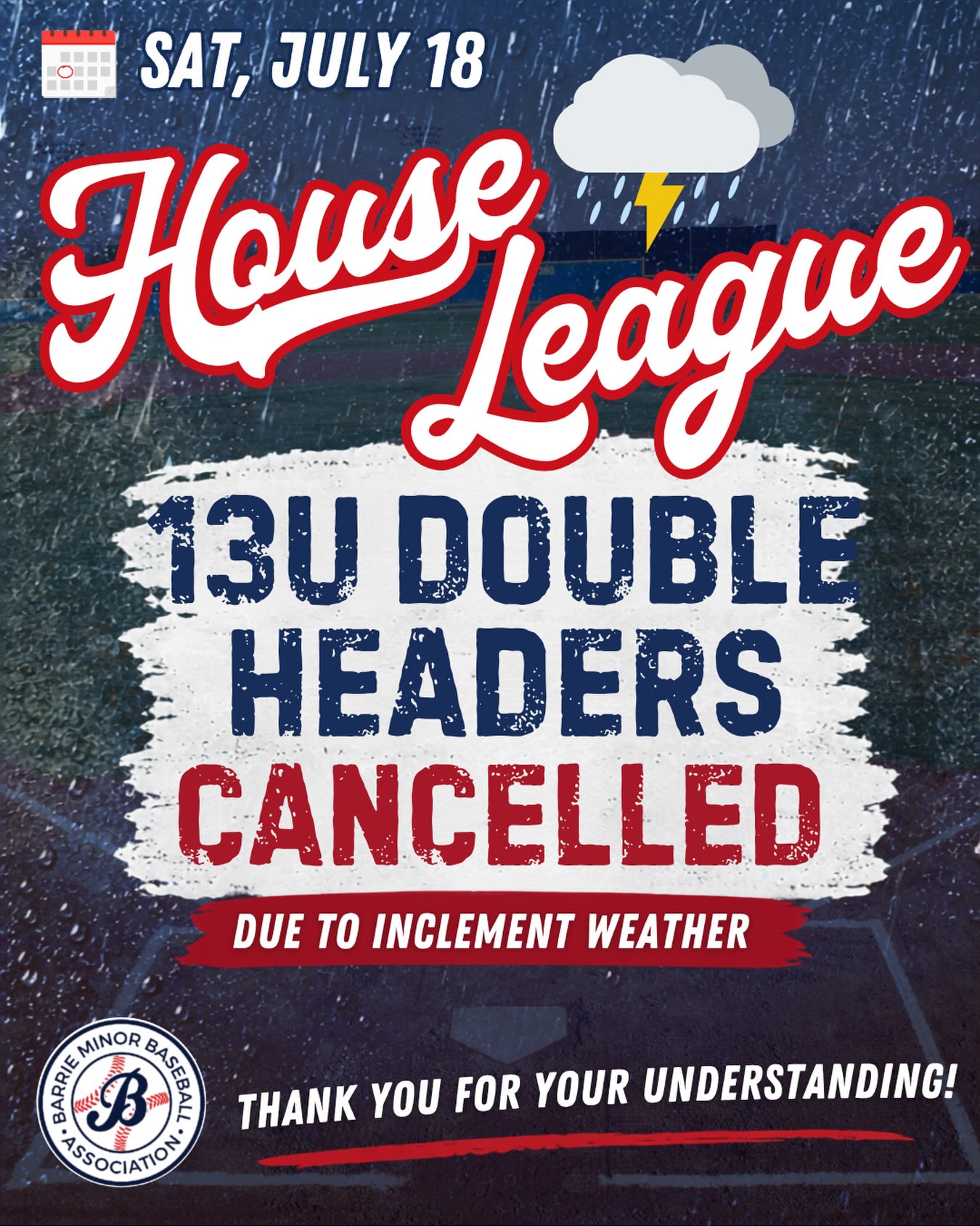 🔹 13U Double Headers Cancelled 🔹

Unfortunately the weather won and all 13U Double Headers have been cancelled due to weather and poor field conditions.

Thank you and stay safe!