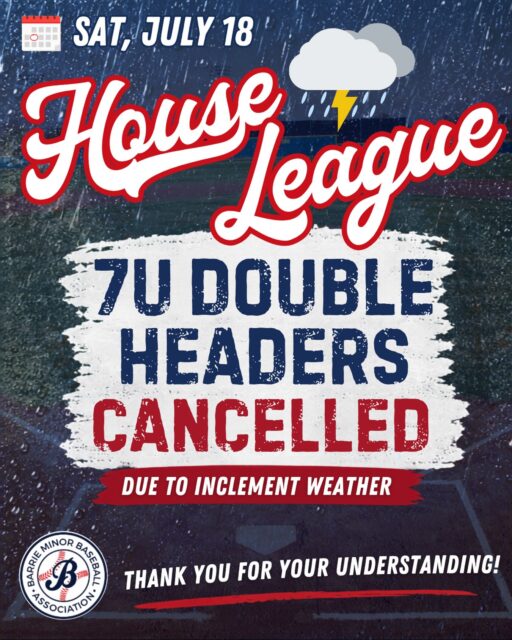 🌧️ 7U Double Headers Cancelled 🌧️ 

Mother nature has not been on our side lately and unfortunately our 7U Double Headers are cancelled due to inclement weather!

We are watching to see what way it goes and a decision on 13U Double Headers scheduled for this afternoon will be made later this morning. 

We appreciate everyone’s patience and understanding while we continue to keep an eye on things!