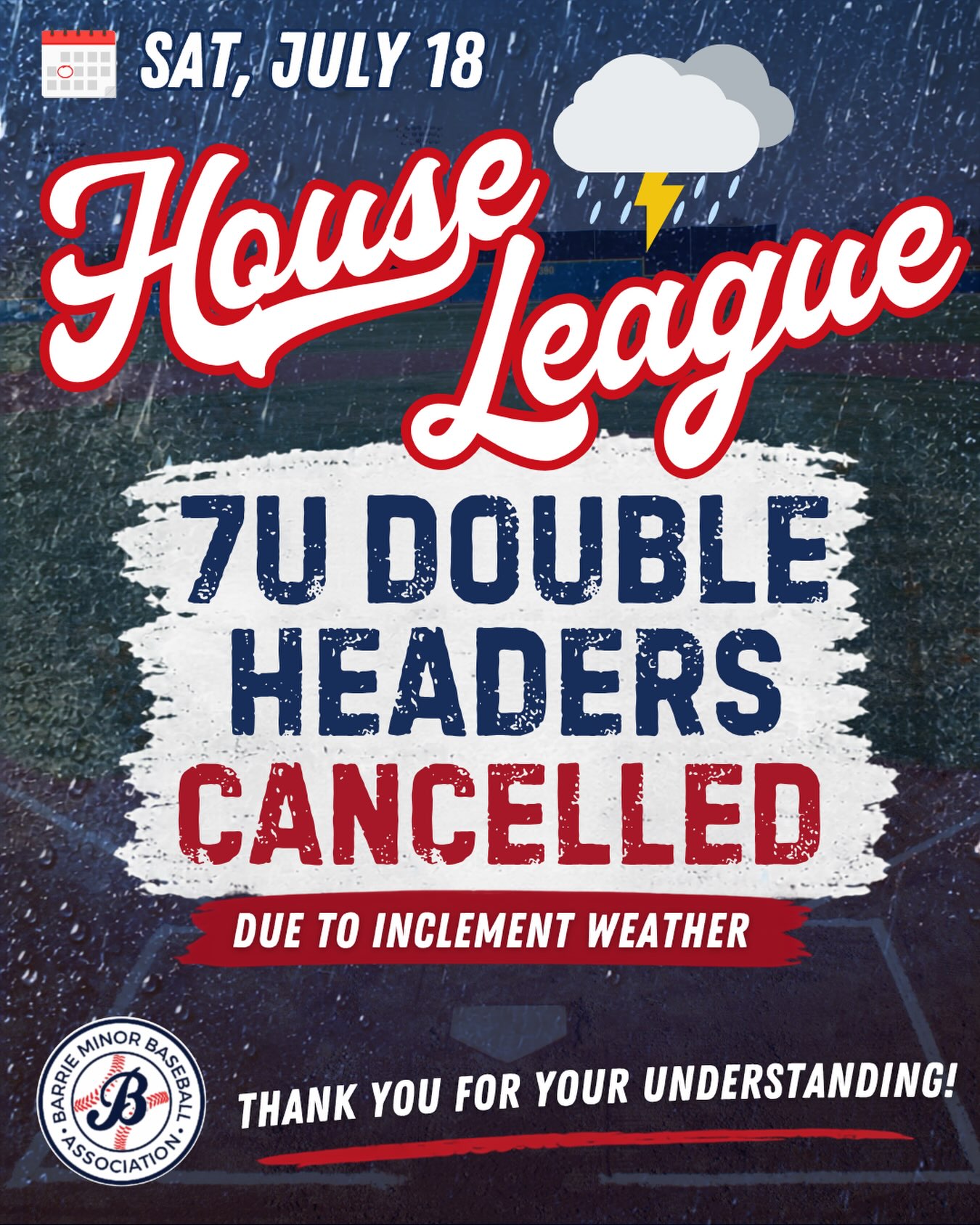 🌧️ 7U Double Headers Cancelled 🌧️ 

Mother nature has not been on our side lately and unfortunately our 7U Double Headers are cancelled due to inclement weather!

We are watching to see what way it goes and a decision on 13U Double Headers scheduled for this afternoon will be made later this morning. 

We appreciate everyone’s patience and understanding while we continue to keep an eye on things!