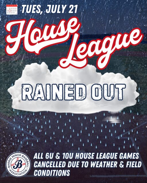 🌧️ RAINED OUT 🌧️ 

All 6U & 10U House League games are cancelled due to inclement weather and field conditions. 

Let’s send positive vibes to Mother Nature as our summer continues! ☀️