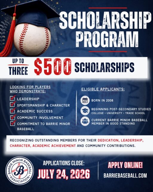 🎓 Barrie Minor Baseball Scholarship Program

Barrie Minor Baseball is proud to once again offer scholarship opportunities to recognize some of the incredible young people who make our association so special.

For the 2025/2026 school year, up to three $500 scholarships will be awarded to deserving members who have demonstrated outstanding dedication both on and off the field.

We’re looking for applicants who embody the values of Barrie Minor Baseball through:
✔ Leadership
✔ Strong character and sportsmanship
✔ Academic achievement
✔ Community involvement
✔ Commitment to Barrie Minor Baseball

Who is eligible?

Applicants must:
• Be born in 2008
• Be beginning post-secondary studies at an accredited college, university, or trade school
• Start their program any time after graduating in 2026, and no later than September 2027
• Be a current Barrie Minor Baseball member in good standing (including House League, Select, Rep, coaches, or umpires)
• Have demonstrated meaningful involvement with Barrie Minor Baseball

Scholarship Details

• Up to three scholarships valued at $500 each
• Funds will be paid directly to the recipient’s post-secondary institution upon confirmation of enrollment

How to Apply

Complete the online application (barriebaseball.com - About Us - Scholarships) and take the time to tell us about your involvement with Barrie Minor Baseball, your volunteer experience, community involvement, leadership, and accomplishments.

📅 Application Deadline: July 24, 2026

Recipients will be notified in early to mid-August 2026.

This is a chance to be recognized for everything you’ve contributed both on and off the baseball field. We encourage all eligible members to apply and share the impact you’ve made within our association and the community.

Good luck to all of our applicants!