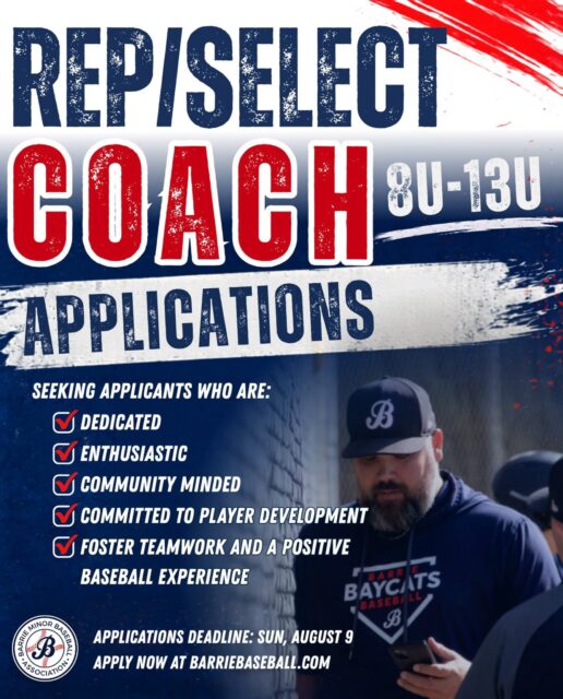 ⚾ 8U-13U REP/SELECT COACH APPLICATIONS OPEN ⚾
We’re looking for passionate coaches to help lead our 8U - 13U Rep/Select teams for the 2027 season.
We’re seeking applicants who are:
☑️ Dedicated
☑️ Enthusiastic
☑️ Community-minded
☑️ Committed to player development
☑️ Focused on building teamwork and creating a positive baseball experience
If you’re ready to make a lasting impact on young athletes both on and off the field, we’d love to hear from you.
Applications close Sunday, August 9.
Apply today at barriebaseball.com
