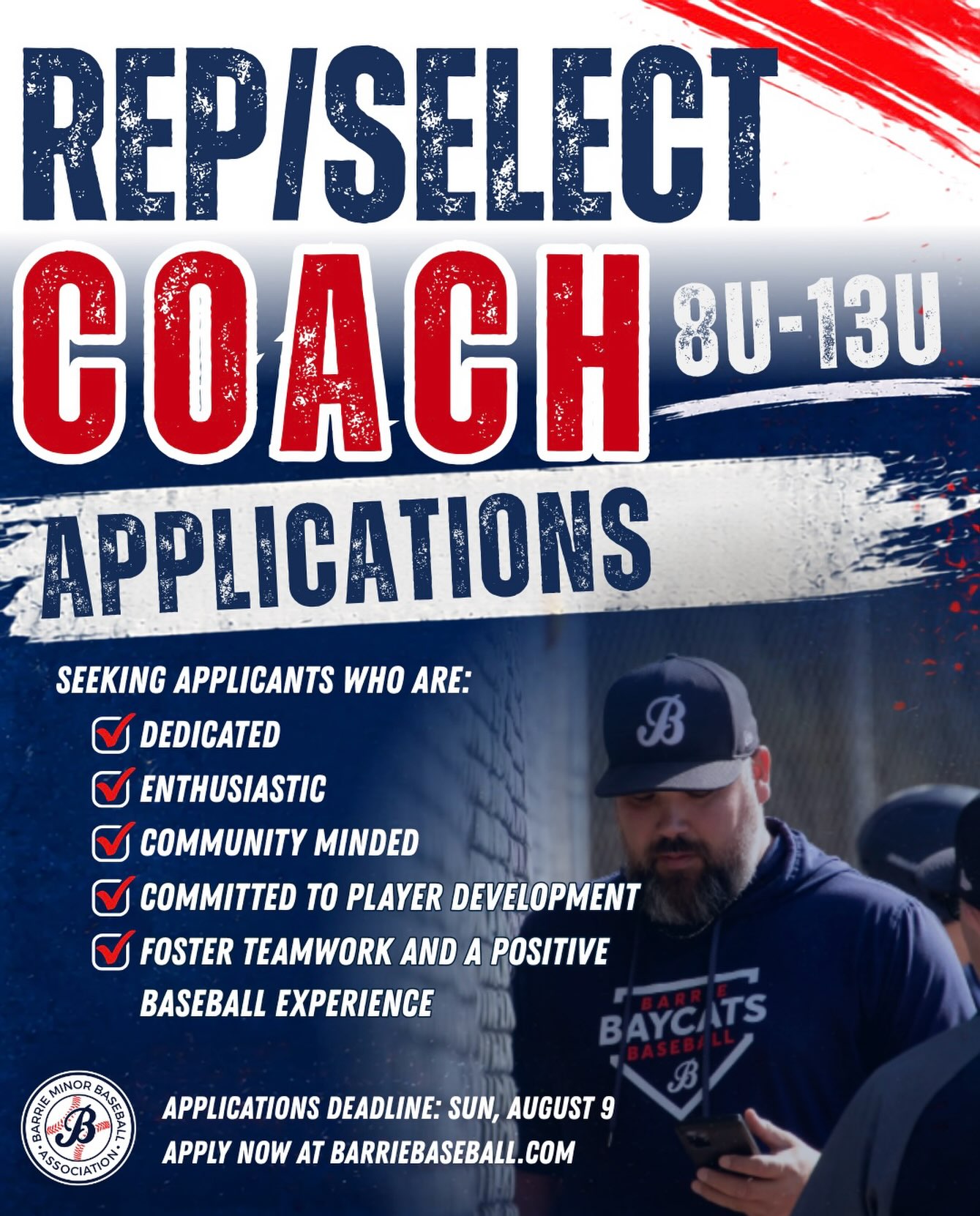 ⚾ 8U-13U REP/SELECT COACH APPLICATIONS OPEN ⚾
We’re looking for passionate coaches to help lead our 8U - 13U Rep/Select teams for the 2027 season.
We’re seeking applicants who are:
☑️ Dedicated
☑️ Enthusiastic
☑️ Community-minded
☑️ Committed to player development
☑️ Focused on building teamwork and creating a positive baseball experience
If you’re ready to make a lasting impact on young athletes both on and off the field, we’d love to hear from you.
Applications close Sunday, August 9.
Apply today at barriebaseball.com