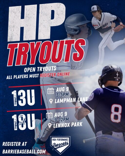 High Performance Tryouts coming up THIS WEEKEND for 13U & 18U!
Think you have what it takes to compete at the next level? Join us for our 2026 Barrie Baycats High Performance Tryouts.
📅 13U: August 9 | 3:00–5:00 PM
📍 Lampman Lane
Head Coach: Christian Ray
📅 18U: August 9 | 9:00am - 12:00pm
📍 Lennox Park
Head Coach: Trevor Clement
All players must register online prior to attending a tryout.
Can’t make your scheduled tryout date? Private tryouts may be available. Please email the appropriate coaching staff for more information.
Register online today at barriebaseball.com/hp-registration