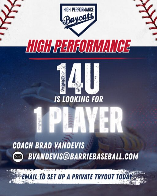 Baycats HP 14U is looking for ONE player to complete their roster for next season!
Email Head Coach Brad to set up a private tryout today!
📧 bvandevis@barriebaseball.com