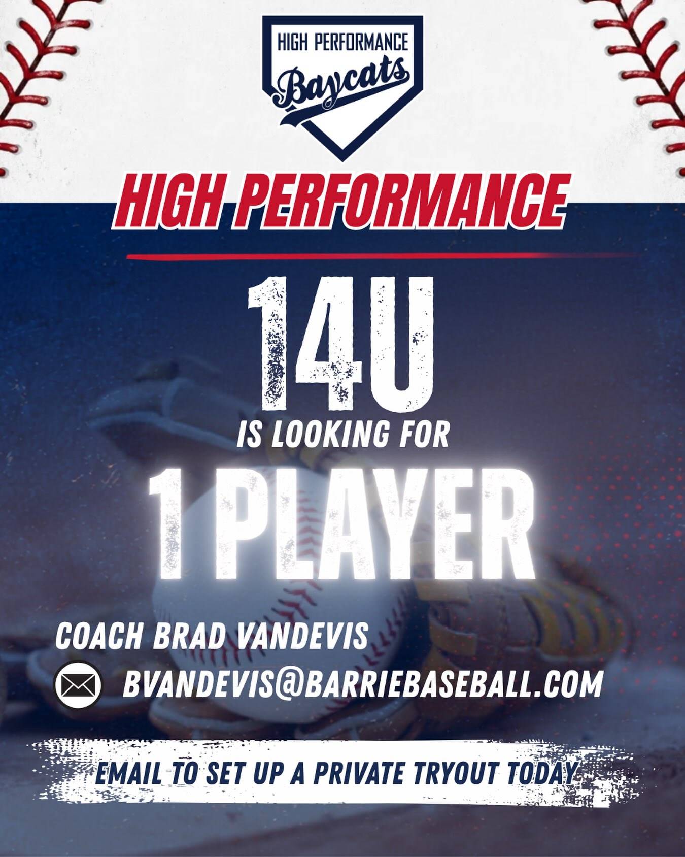 Baycats HP 14U is looking for ONE player to complete their roster for next season!
Email Head Coach Brad to set up a private tryout today!
📧 bvandevis@barriebaseball.com