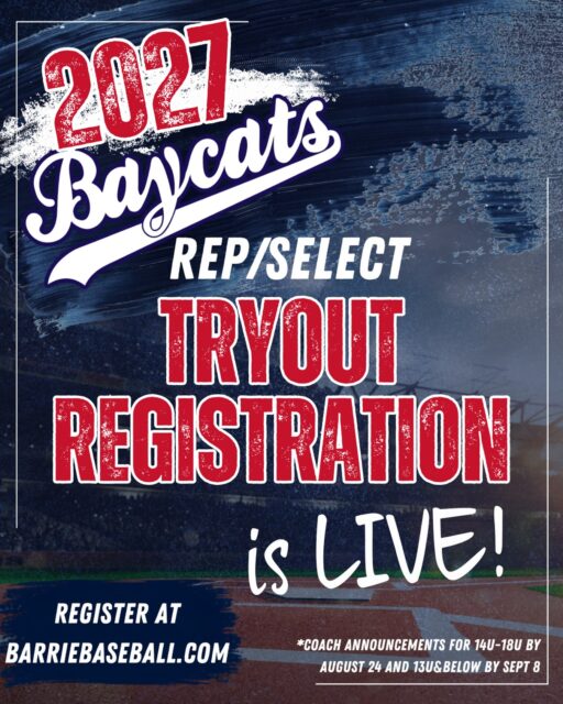 🔹 Rep/Select Tryout Registration is LIVE 🔹

Registration for our 2027 Rep/Select Season is now open for all available ages groups!

Reminder that Head Coach announcements for 14U-18U will go out by August 24 and 13U & Below by September 8. 

All season information, timelines and registration can be found at https://barriebaseball.com/rep-select-tryouts/

Note: there is a $25 non refundable fee for all tryout registrations.