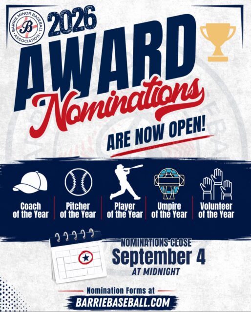 ๐ 2026 Award Nominations are Open ๐
Itโs time to recognize those who made this a standout season!
Nominations are open for:
- Coach of the Year
- Pitcher of the Year
- Player of the Year
- Umpire of the Year
- Volunteer of the Year
Know someone who deserves some extra special recognition? Take a few moments and nominate them today!
*Nominations close Sept 4 at midnight*
Nomination someone today at barriebaseball.com on our Awards page!