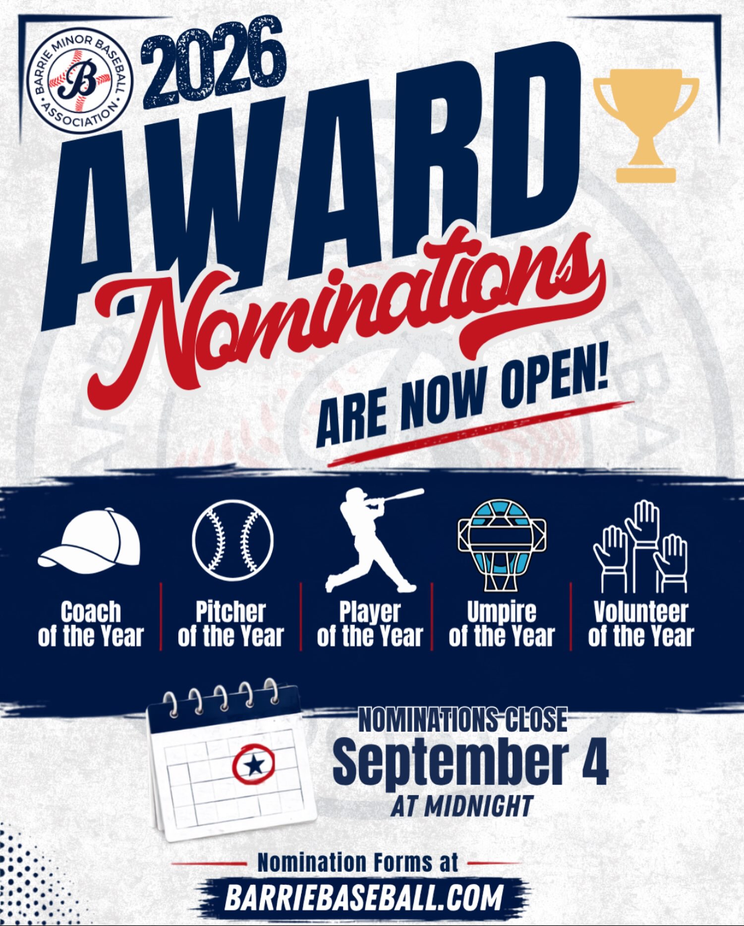 ๐ 2026 Award Nominations are Open ๐
Itโs time to recognize those who made this a standout season!
Nominations are open for:
- Coach of the Year
- Pitcher of the Year
- Player of the Year
- Umpire of the Year
- Volunteer of the Year
Know someone who deserves some extra special recognition? Take a few moments and nominate them today!
*Nominations close Sept 4 at midnight*
Nomination someone today at barriebaseball.com on our Awards page!