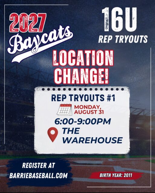 ๐น 16U Tryout Location Change ๐น
Due to the weather, tonightโs 16U Rep Tryouts have been moved to The Warehouse!
See you tonight!