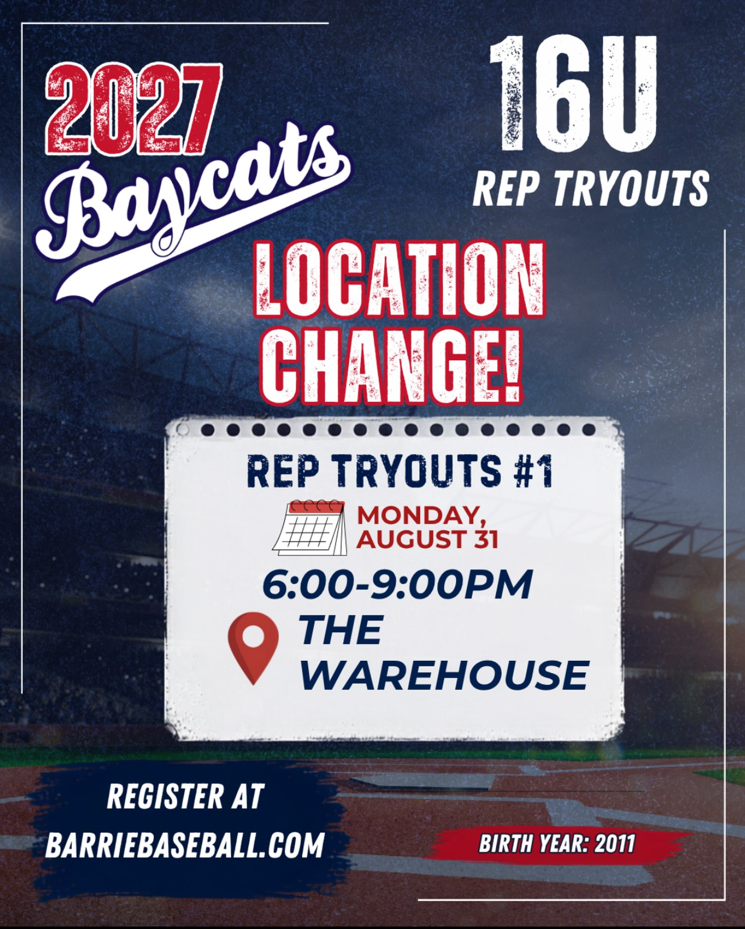 ๐น 16U Tryout Location Change ๐น
Due to the weather, tonightโs 16U Rep Tryouts have been moved to The Warehouse!
See you tonight!