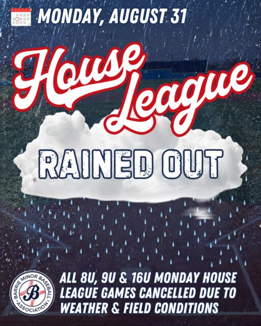 ๐ง๏ธ House League Rained Out ๐ง๏ธ
Unfortunately Mother Nature got us again.
All House League games scheduled for this evening have been cancelled due to weather and poor field conditions.
