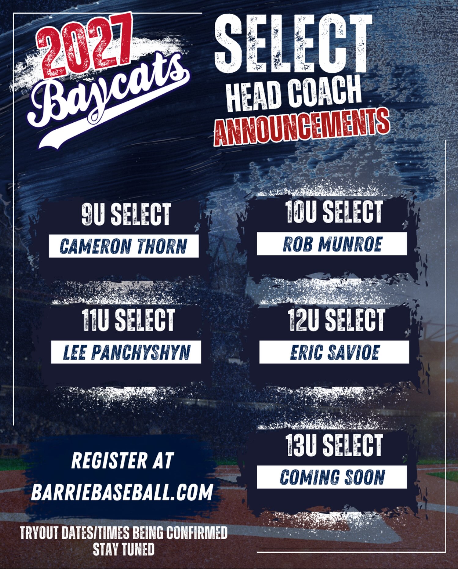 πΉ 2027 Select Coach Announcements πΉ
We are excited to announce for 2027 Select Head Coach lineup!
9U - Cameron Thorn
10U - Rob Munroe
11U - Lee Panchyshyn
12U - Eric Savioe
13U - Coming Soon (stay tuned)
We are excited to have these coaches be a part of our 2027 season and share their love of the game with the players!!
Register for tryouts at barriebaseball.com
Please note our Select Tryouts Schedule is being finalized. Please stay tuned while these dates and times are confirmed.