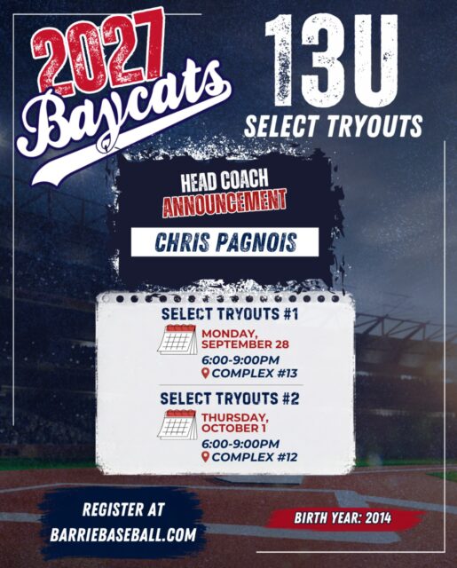 🔹 13U Select 2027 🔹
Congrats to Chris Pagnois on being our 13U Select Head Coach for the 2027 season! We are excited to have you this season!
Tryouts start tomorrow!
Register at barriebaseball.com !!
