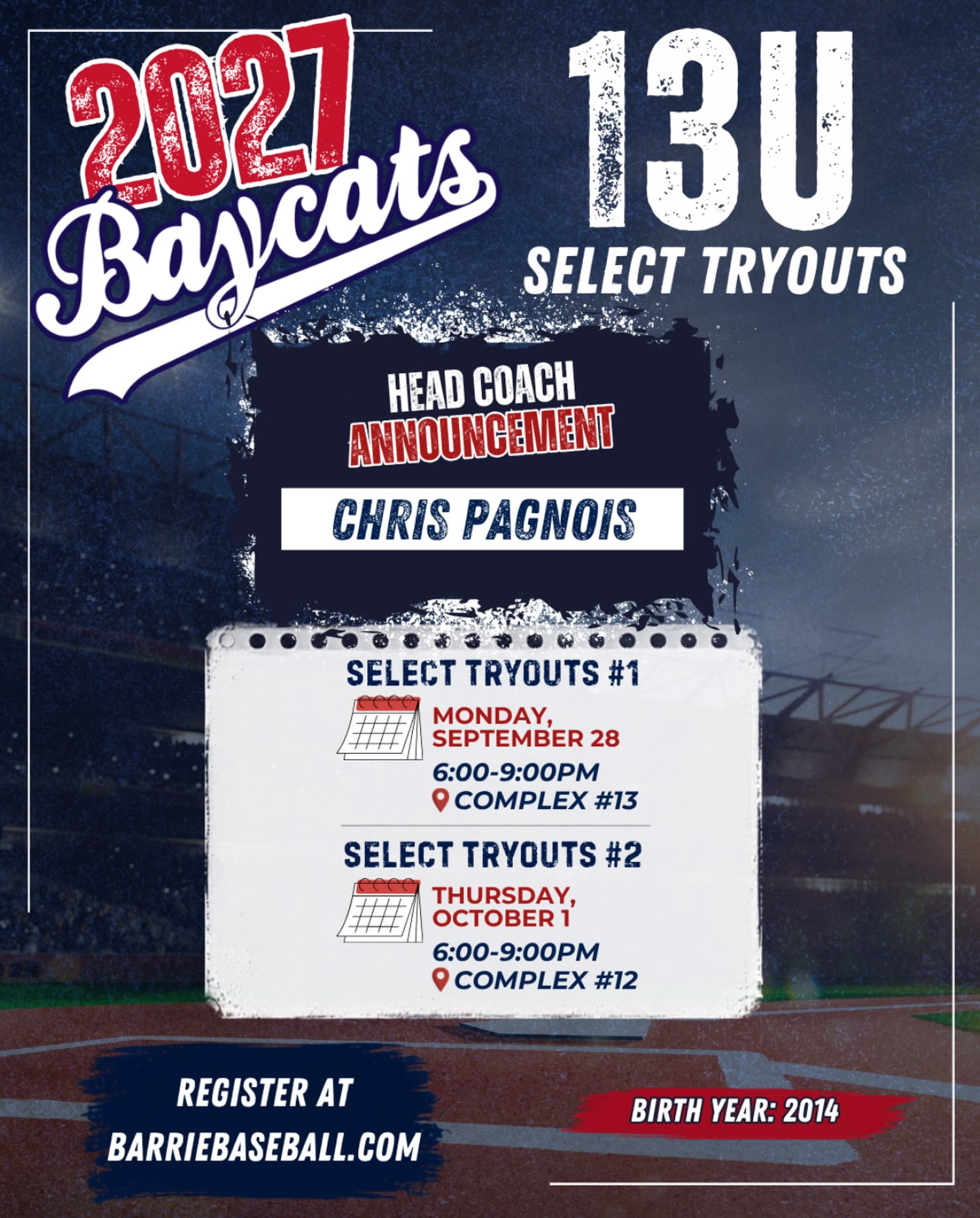 🔹 13U Select 2027 🔹
Congrats to Chris Pagnois on being our 13U Select Head Coach for the 2027 season! We are excited to have you this season!
Tryouts start tomorrow!
Register at barriebaseball.com !!