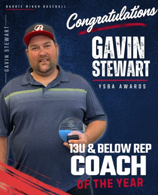 Congratulations to Gavin Stewart!

Barrie Minor Baseball Association is proud to recognize Gavin Stewart, 2025/2026 13UAAA Assistant Coach, for being named the YSBA 13U & Below Rep Coach of the Year!

In his first season with the team, Gavin quickly became an invaluable part of the coaching staff. From practices and player development to game prep and on field coaching, Gavin was always willing to step up wherever needed.

His baseball knowledge, dedication, humility and ability to connect with young athletes have earned him the respect of both players and fellow coaches.

As his Head Coach put it… “the team was simply better because Gavin was part of it”.

Congratulations, Gavin! This recognition was well deserved and we are proud to have you as part of the Barrie Minor Baseball family.